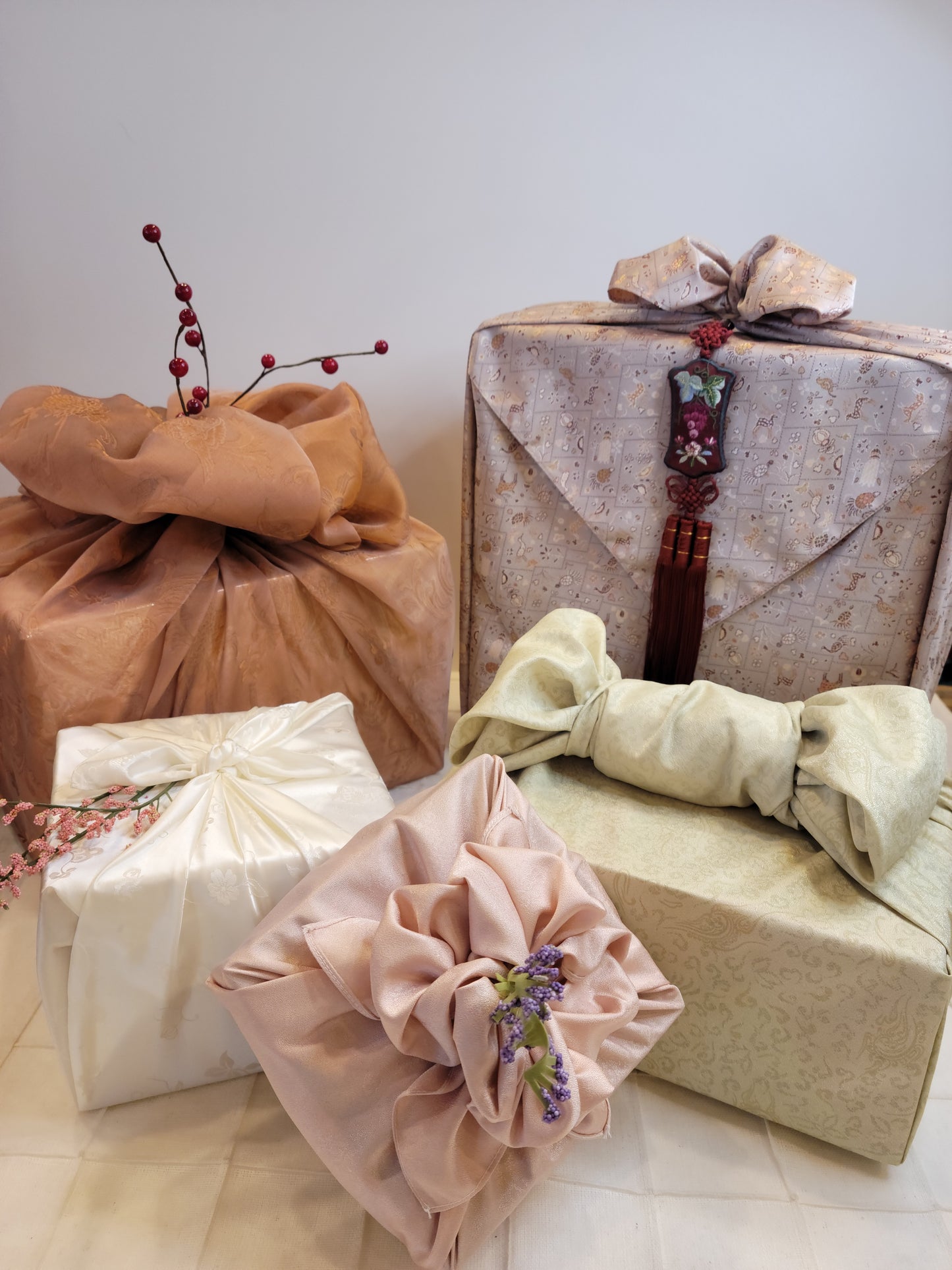 Silver and Peach Bojagi Fabric - LEEHWA WEDDING