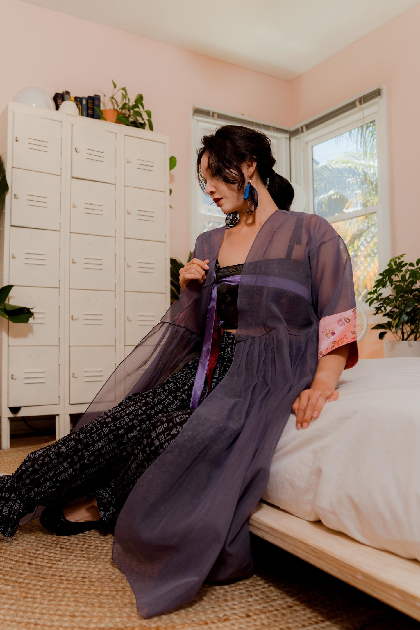 Leehwa Wedding and Traditional Korean Dress House of Leehwa Black Sheer Organza Robe Modern Hanbok Skirt Crop Top Fashion Look Embroidery Dragon