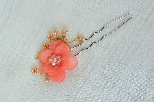 Zinnia Flower Traditional Korean Hair Pin (Coral color)