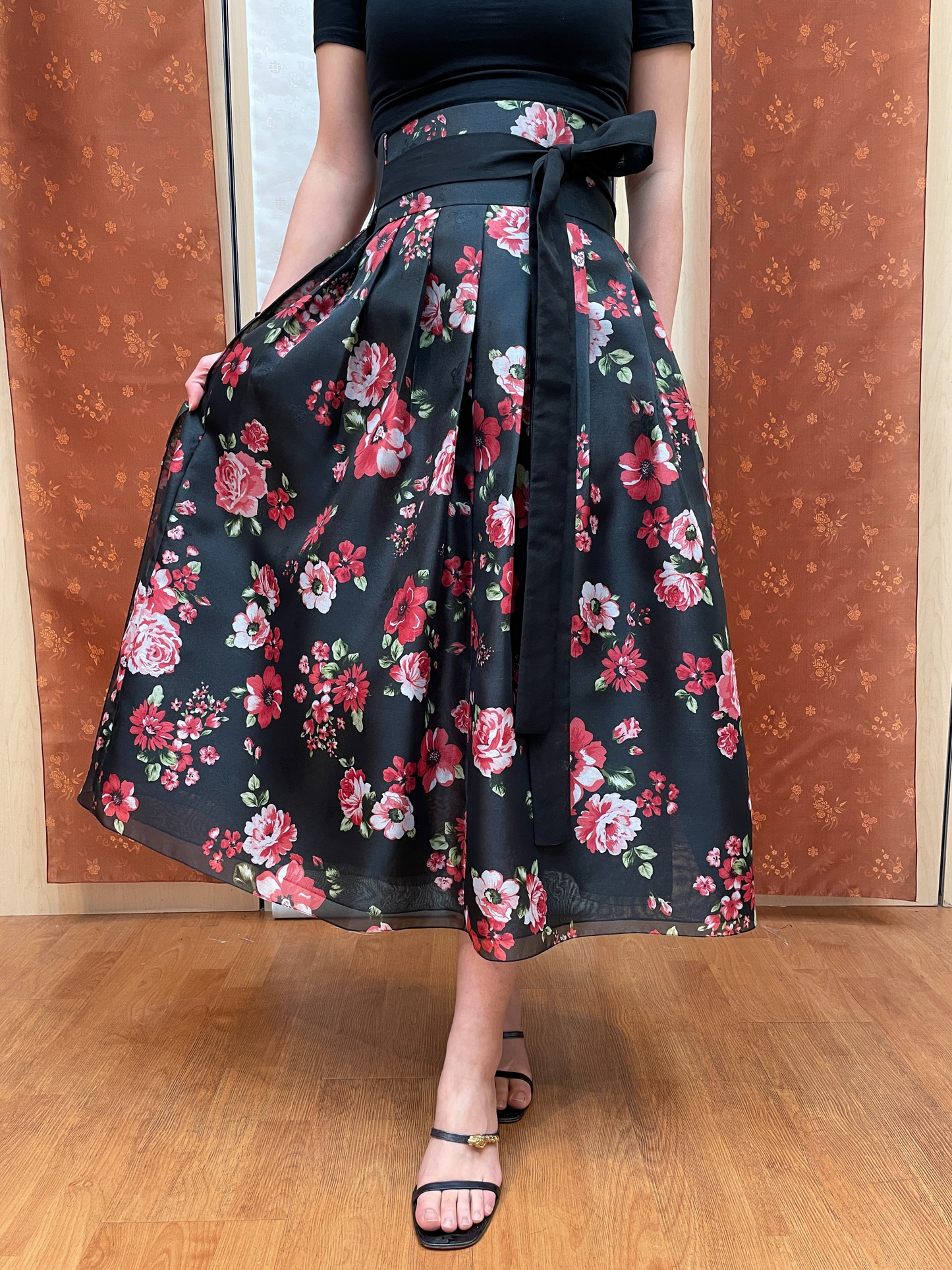 Black Floral Wrap Skirt