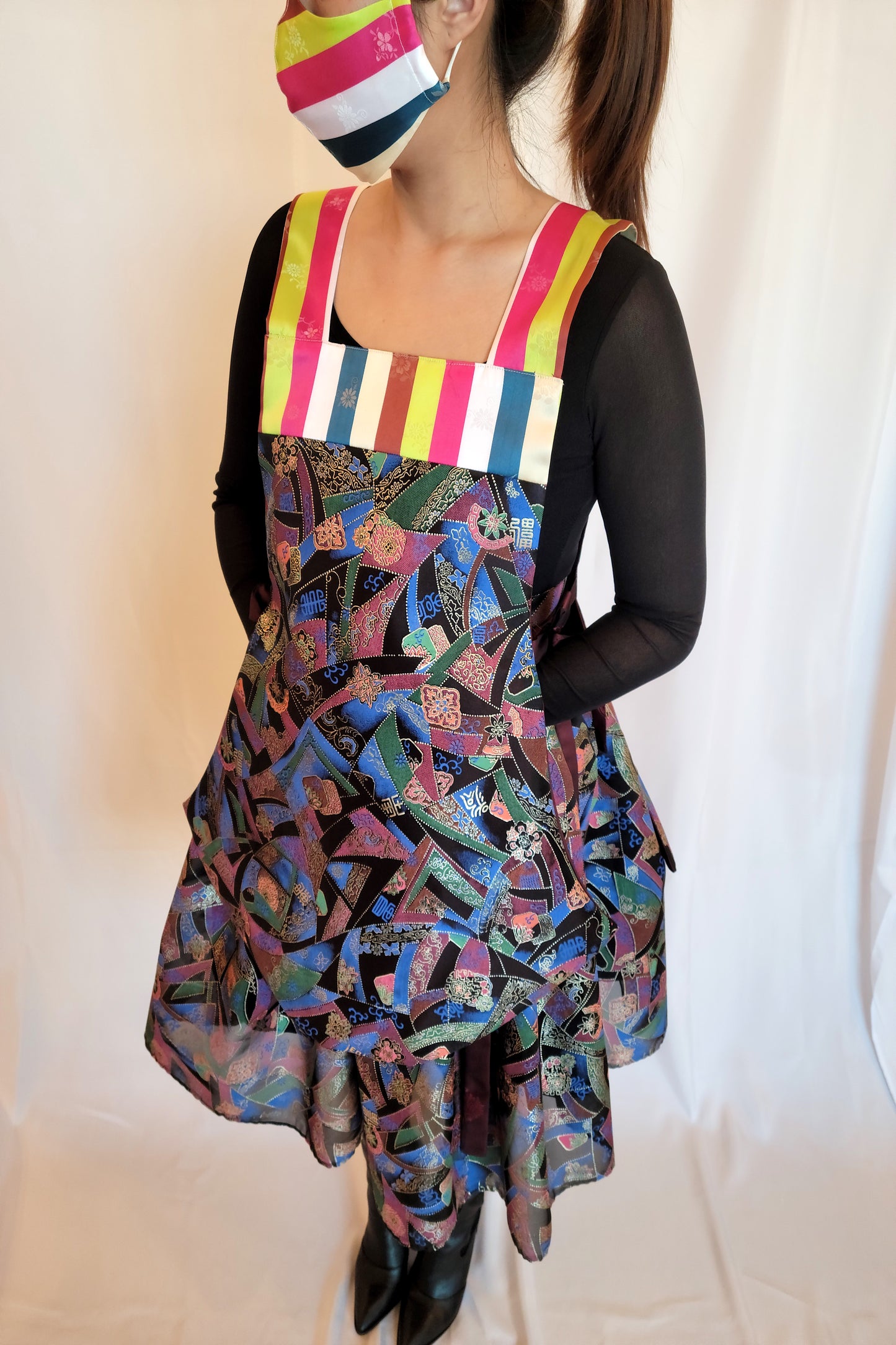 Hanbok Dangui Vest (Reversible) Blue/Gold/Burgundy