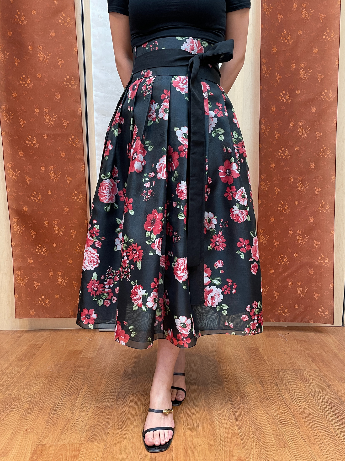 Black Floral Wrap Skirt