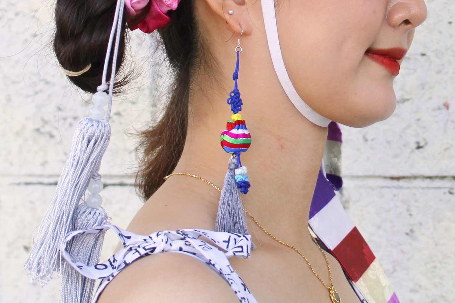 Lucky Bag Tassel Earrings (Blue/Pink)