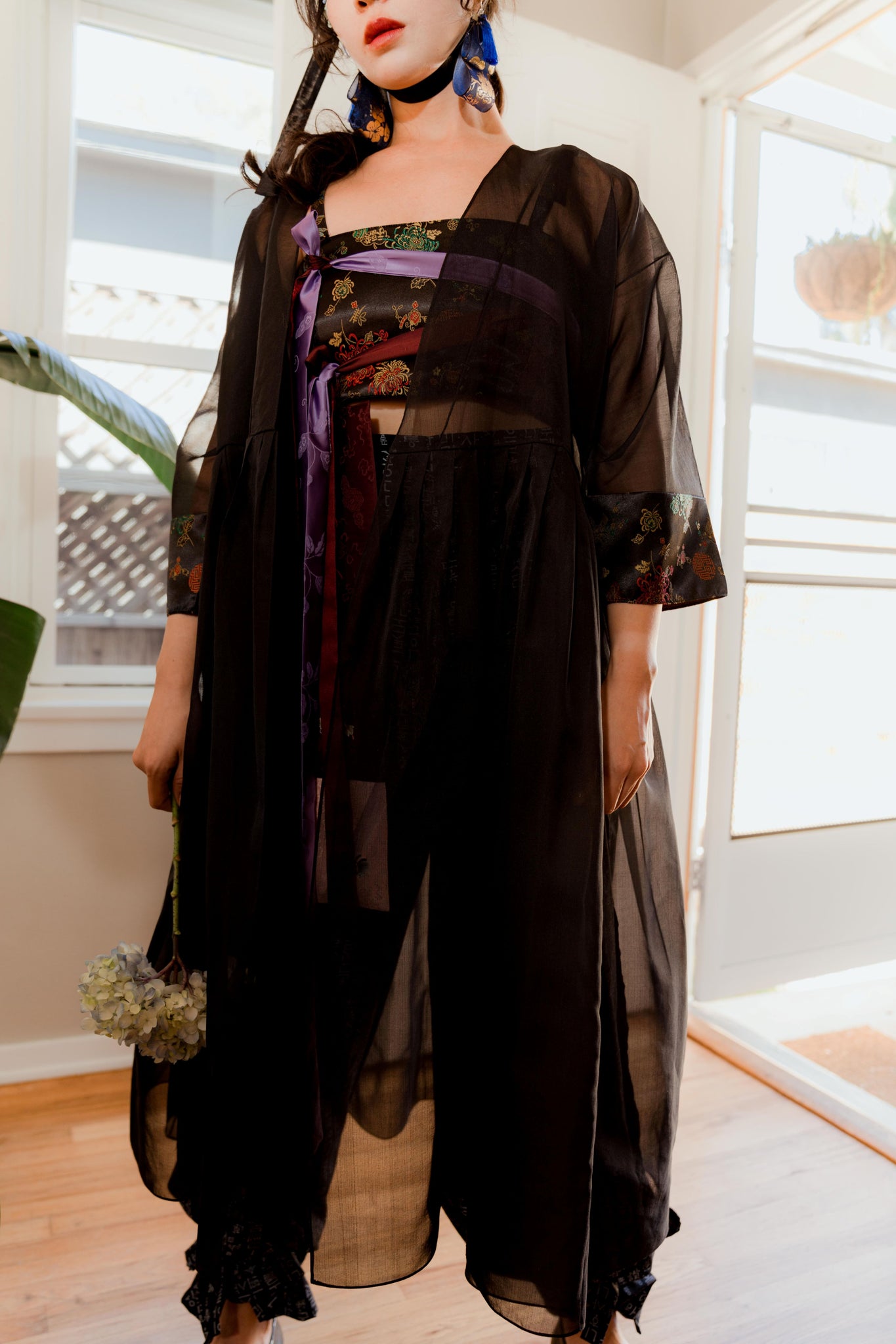Leehwa Wedding and Traditional Korean Dress House of Leehwa Black Sheer Organza Robe Modern Hanbok Skirt Crop Top Fashion Look Embroidery Dragon