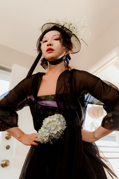 Leehwa Wedding and Traditional Korean Dress House of Leehwa Black Sheer Organza Robe Modern Hanbok Skirt Crop Top Fashion Look Embroidery Dragon