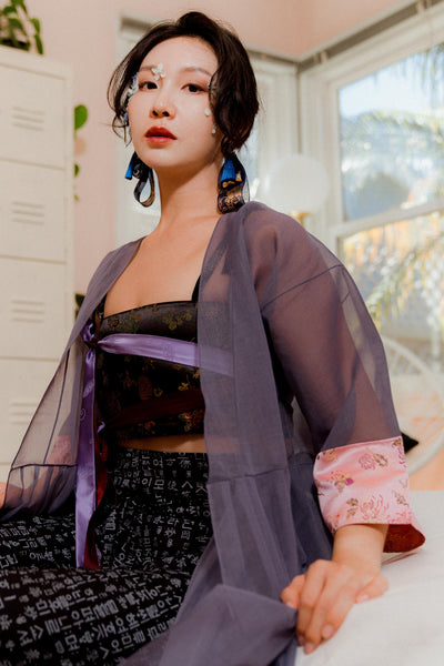 Leehwa Wedding and Traditional Korean Dress House of Leehwa Black Sheer Organza Robe Modern Hanbok Skirt Crop Top Fashion Look Embroidery Dragon