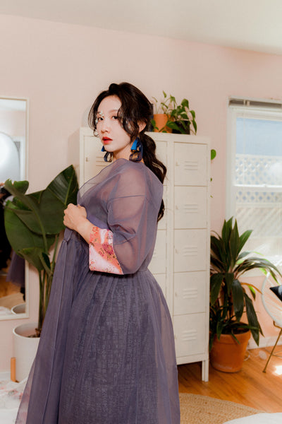 Leehwa Wedding and Traditional Korean Dress House of Leehwa Black Sheer Organza Robe Modern Hanbok Skirt Crop Top Fashion Look Embroidery Dragon