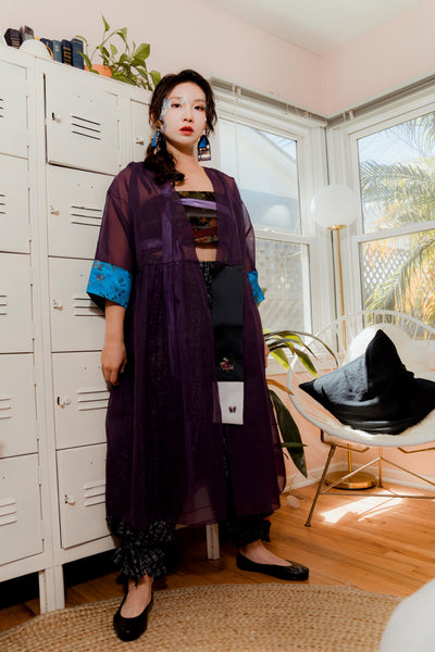 Leehwa Wedding and Traditional Korean Dress House of Leehwa Black Sheer Organza Robe Modern Hanbok Skirt Crop Top Fashion Look Embroidery Dragon