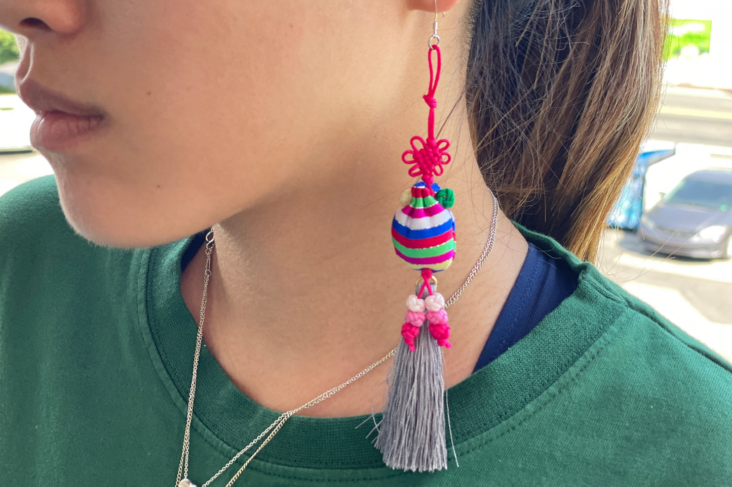 Lucky Bag Tassel Earrings (Blue/Pink)